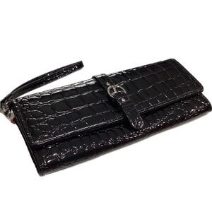 Black Patent Women’s Wristlet Bifold Clutch Evening Crocodile Wallet